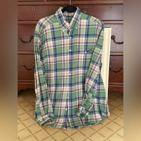 Vineyard Vines Crosby Shirt green, blue, white  plaid pattern w pink L - Picture 1 of 8